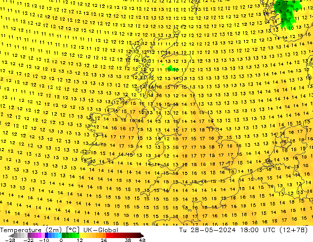 Temperaturkarte (2m) UK-Global Di 28.05.2024 18 UTC