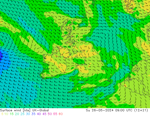 Vento 10 m UK-Global dom 26.05.2024 09 UTC