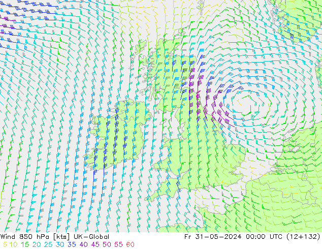 Wind 850 hPa UK-Global Pá 31.05.2024 00 UTC