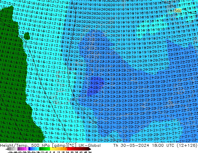 Geop./Temp. 500 hPa UK-Global jue 30.05.2024 18 UTC