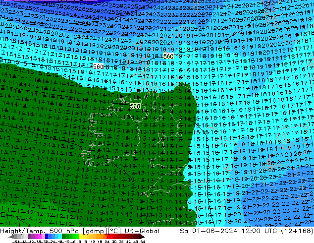 Height/Temp. 500 hPa UK-Global Sa 01.06.2024 12 UTC