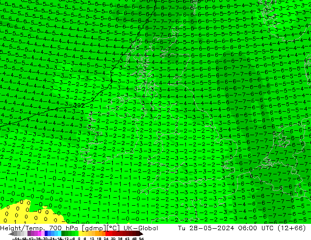Height/Temp. 700 hPa UK-Global mar 28.05.2024 06 UTC