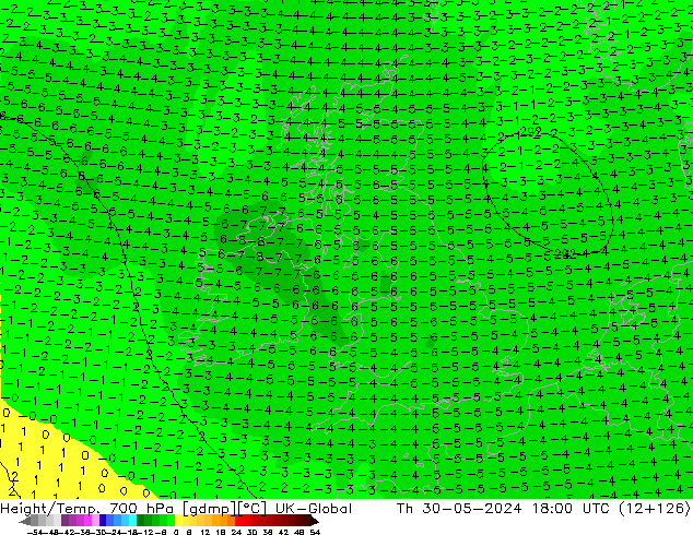 Height/Temp. 700 hPa UK-Global Čt 30.05.2024 18 UTC