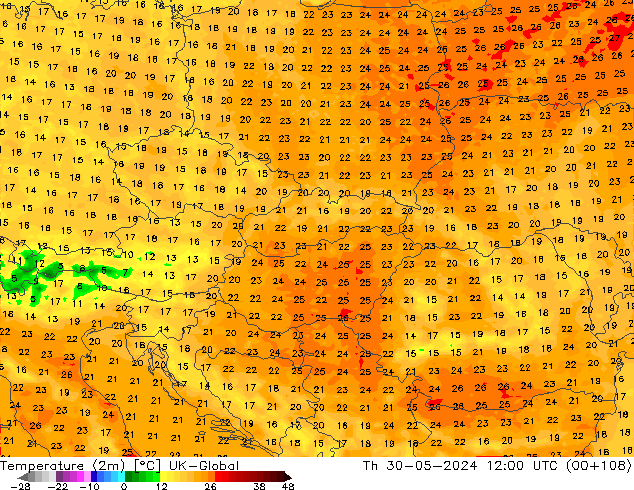 Temperatura (2m) UK-Global gio 30.05.2024 12 UTC