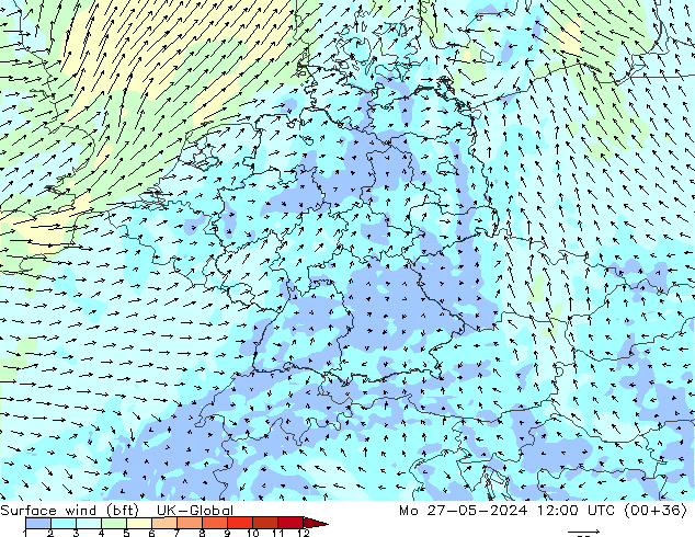 Surface wind (bft) UK-Global Po 27.05.2024 12 UTC