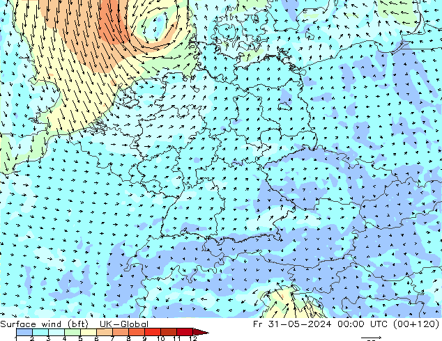 Surface wind (bft) UK-Global Fr 31.05.2024 00 UTC