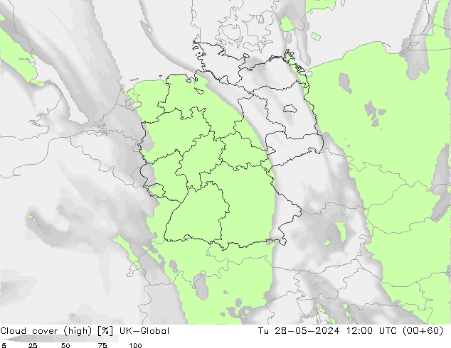 Cloud cover (high) UK-Global Tu 28.05.2024 12 UTC