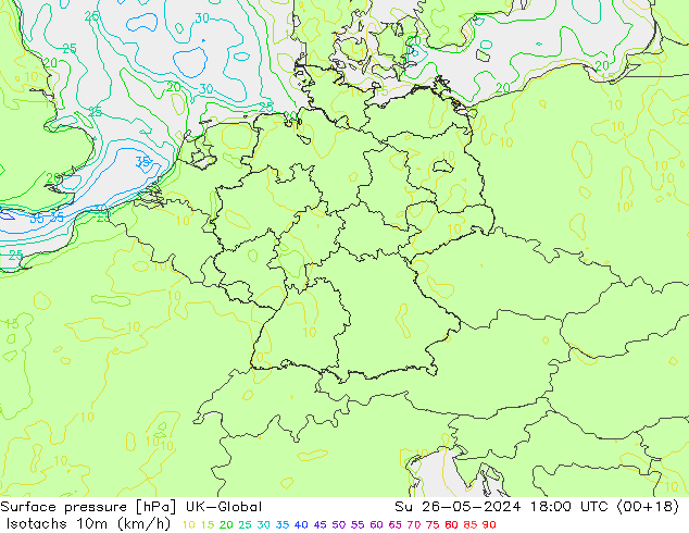 Isotachs (kph) UK-Global  26.05.2024 18 UTC