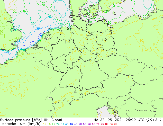 Isotachen (km/h) UK-Global Mo 27.05.2024 00 UTC