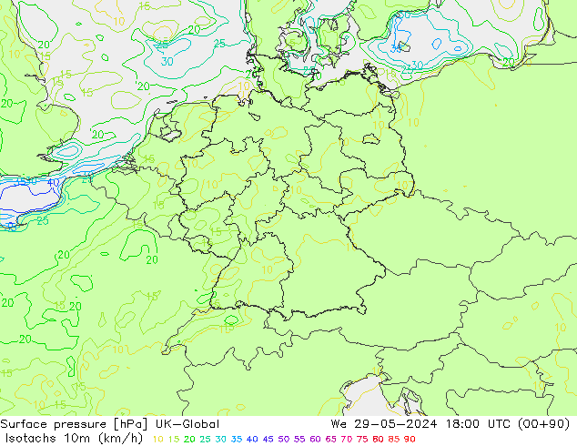 Isotachs (kph) UK-Global Qua 29.05.2024 18 UTC