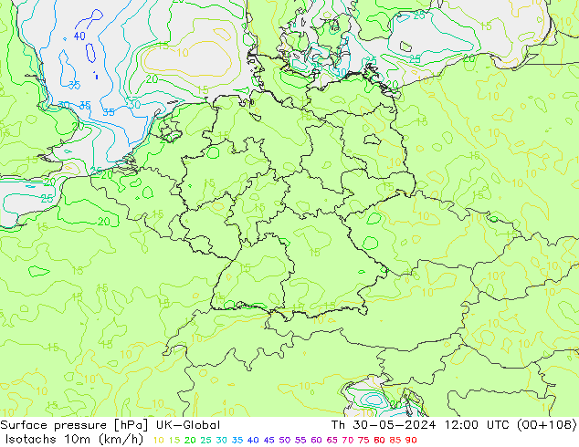 Isotachs (kph) UK-Global Qui 30.05.2024 12 UTC