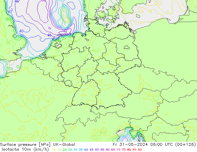 Isotachen (km/h) UK-Global Fr 31.05.2024 06 UTC