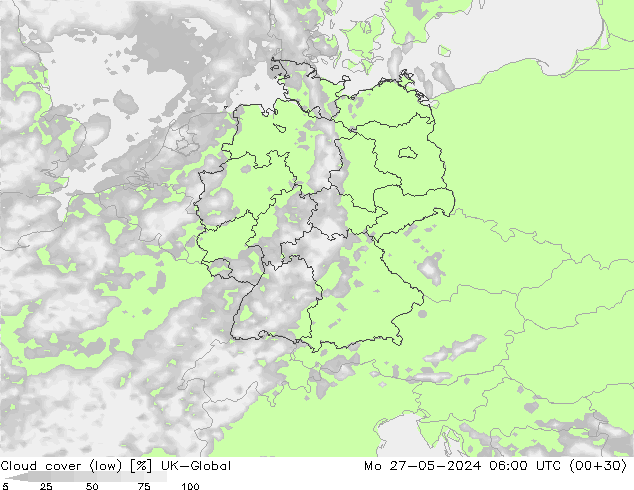 Cloud cover (low) UK-Global Mo 27.05.2024 06 UTC