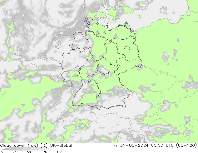 Bewolking (Laag) UK-Global vr 31.05.2024 00 UTC