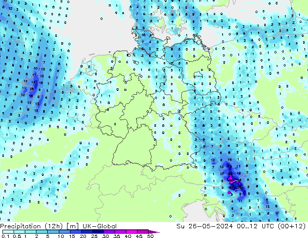 Precipitazione (12h) UK-Global dom 26.05.2024 12 UTC