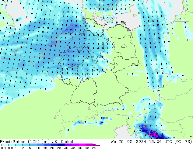 Precipitación (12h) UK-Global mié 29.05.2024 06 UTC