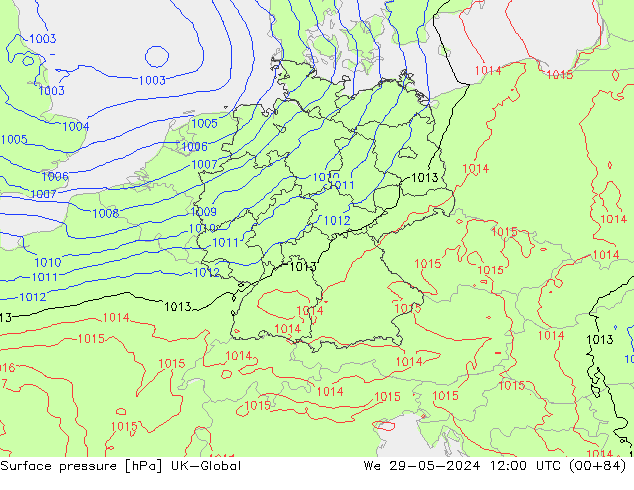 Pressione al suolo UK-Global mer 29.05.2024 12 UTC