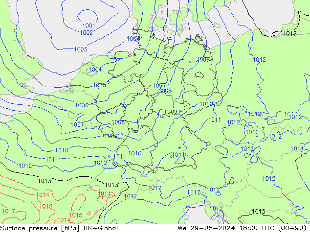 Presión superficial UK-Global mié 29.05.2024 18 UTC