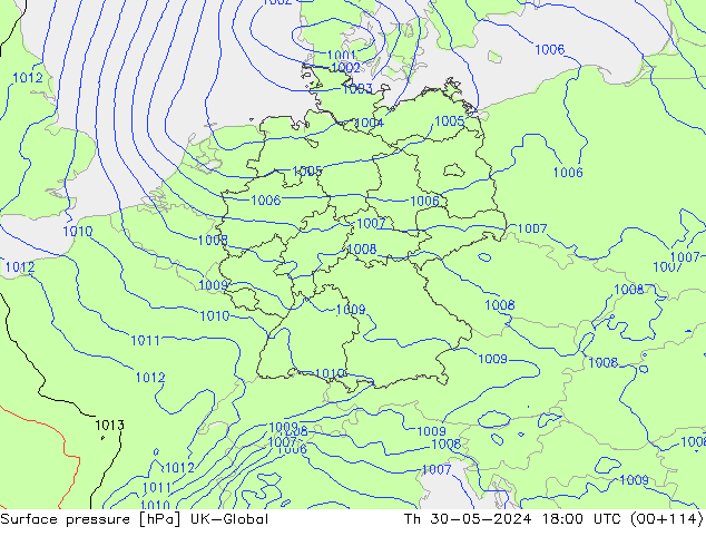 Surface pressure UK-Global Th 30.05.2024 18 UTC