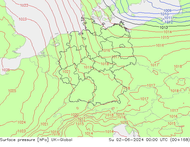 Pressione al suolo UK-Global dom 02.06.2024 00 UTC