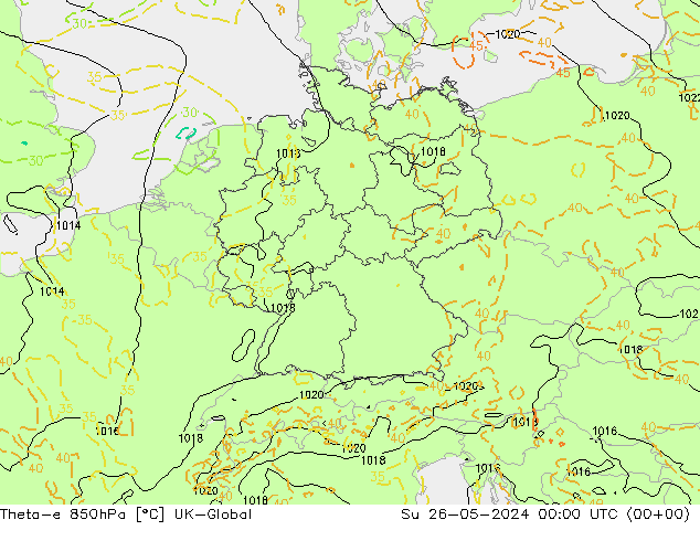 Theta-e 850hPa UK-Global dim 26.05.2024 00 UTC