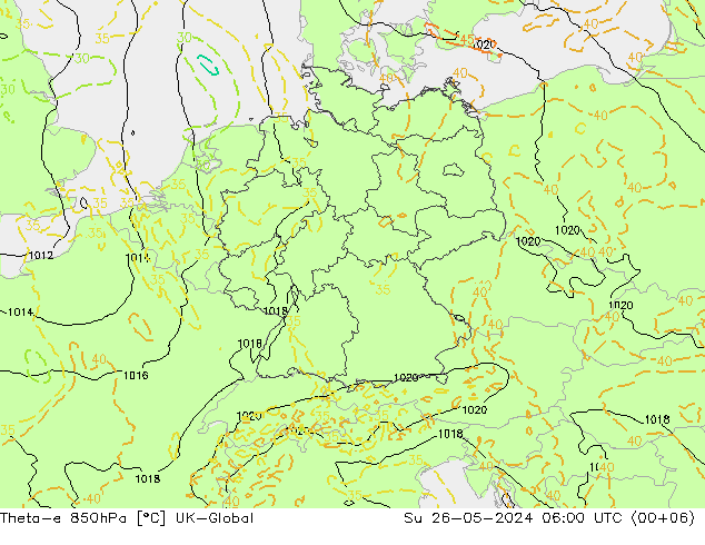Theta-e 850hPa UK-Global Su 26.05.2024 06 UTC