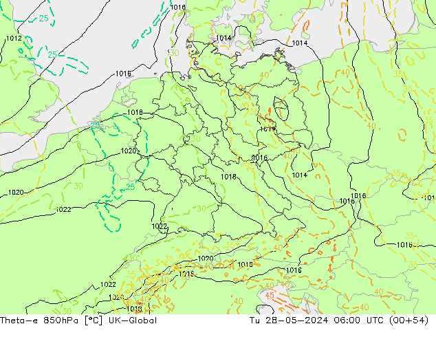 Theta-e 850hPa UK-Global mar 28.05.2024 06 UTC