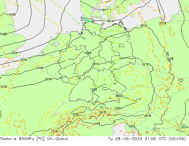 Theta-e 850hPa UK-Global di 28.05.2024 21 UTC