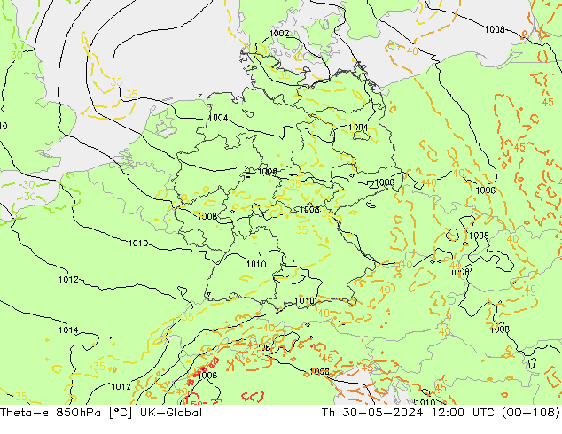 Theta-e 850hPa UK-Global Do 30.05.2024 12 UTC
