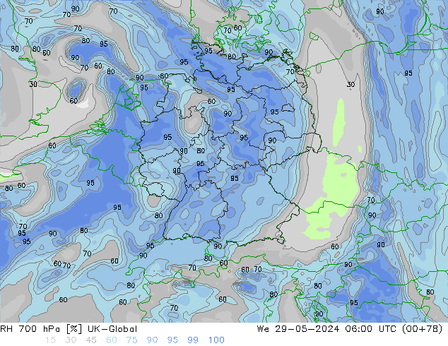 RH 700 hPa UK-Global Mi 29.05.2024 06 UTC