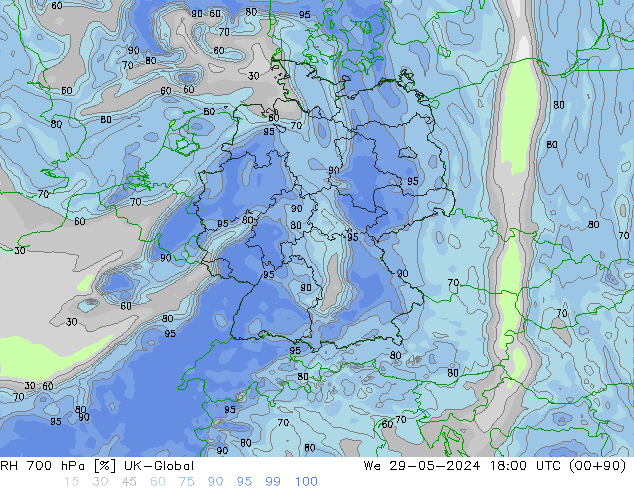 Humidité rel. 700 hPa UK-Global mer 29.05.2024 18 UTC