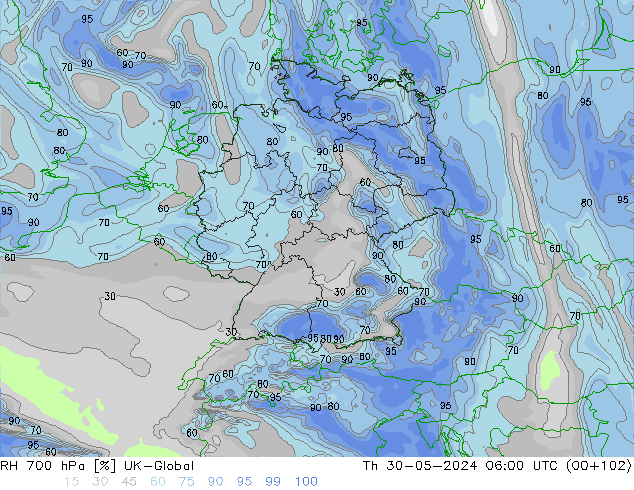 RH 700 hPa UK-Global Qui 30.05.2024 06 UTC