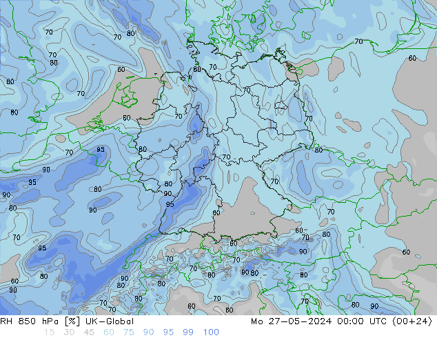 RH 850 hPa UK-Global Mo 27.05.2024 00 UTC