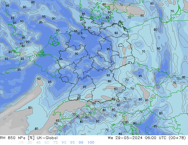 Humidité rel. 850 hPa UK-Global mer 29.05.2024 06 UTC