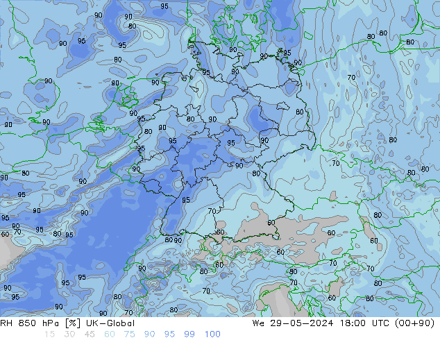 RH 850 hPa UK-Global We 29.05.2024 18 UTC