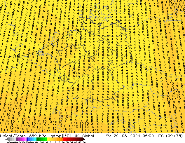 Height/Temp. 850 hPa UK-Global We 29.05.2024 06 UTC