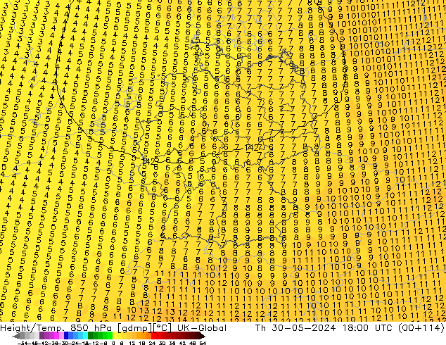 Height/Temp. 850 hPa UK-Global gio 30.05.2024 18 UTC