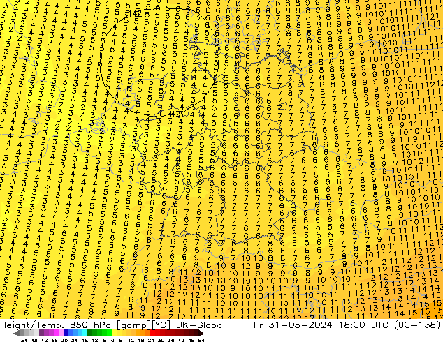 Height/Temp. 850 гПа UK-Global пт 31.05.2024 18 UTC