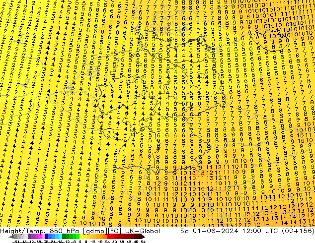 Height/Temp. 850 hPa UK-Global so. 01.06.2024 12 UTC