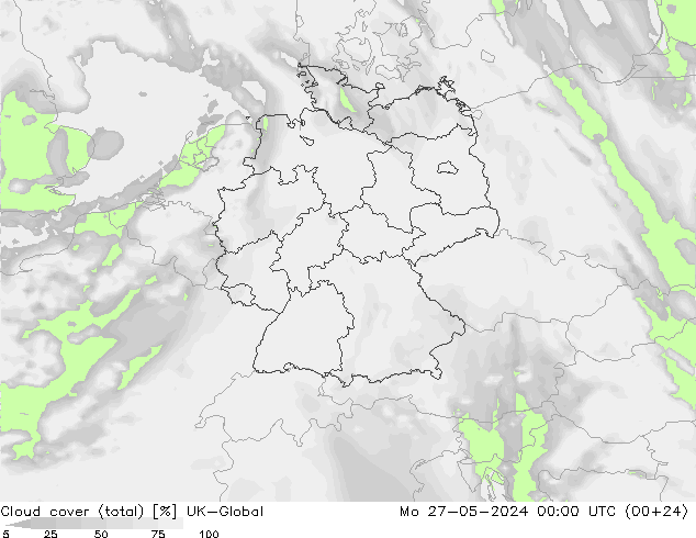 Cloud cover (total) UK-Global Mo 27.05.2024 00 UTC