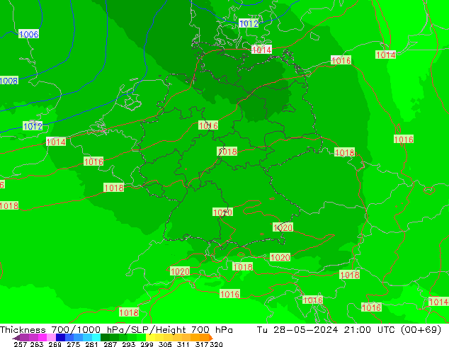 Dikte700-1000 hPa UK-Global di 28.05.2024 21 UTC