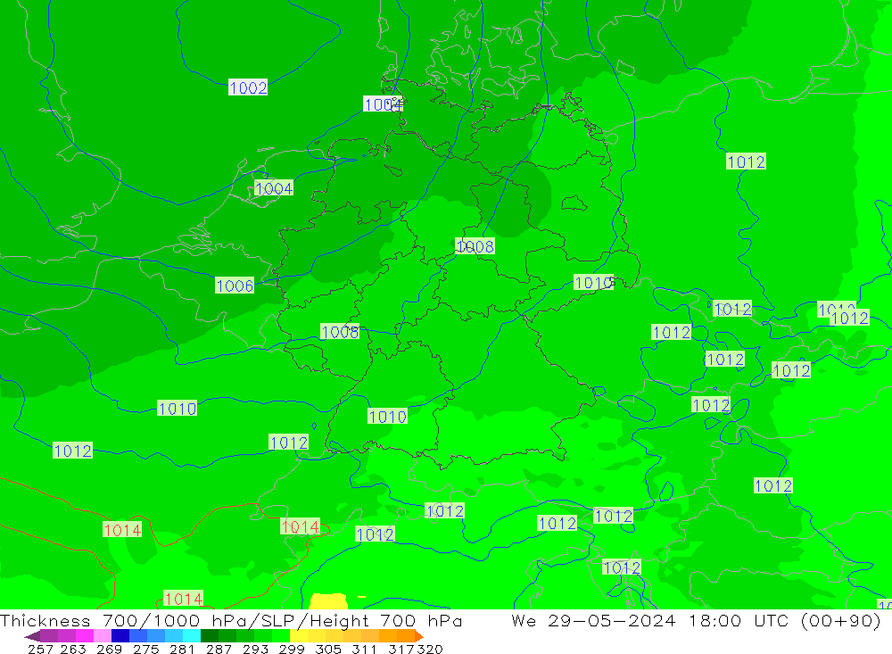 Thck 700-1000 hPa UK-Global śro. 29.05.2024 18 UTC