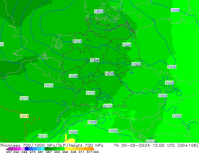 Dikte700-1000 hPa UK-Global do 30.05.2024 12 UTC