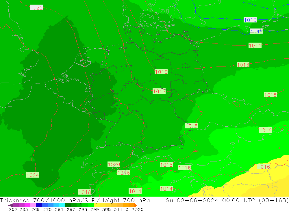 Thck 700-1000 hPa UK-Global dim 02.06.2024 00 UTC