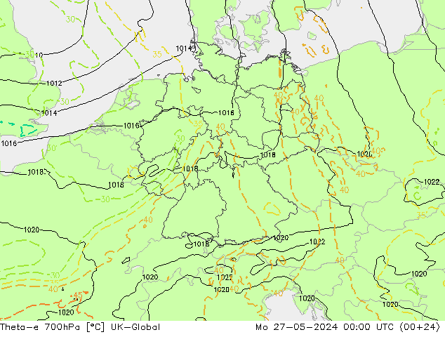 Theta-e 700hPa UK-Global 星期一 27.05.2024 00 UTC