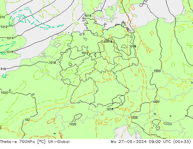 Theta-e 700hPa UK-Global lun 27.05.2024 09 UTC