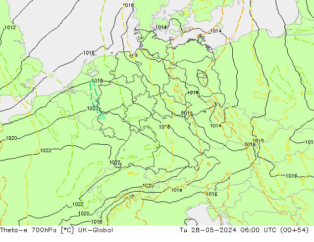 Theta-e 700hPa UK-Global Út 28.05.2024 06 UTC