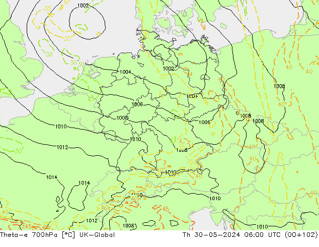 Theta-e 700hPa UK-Global Čt 30.05.2024 06 UTC