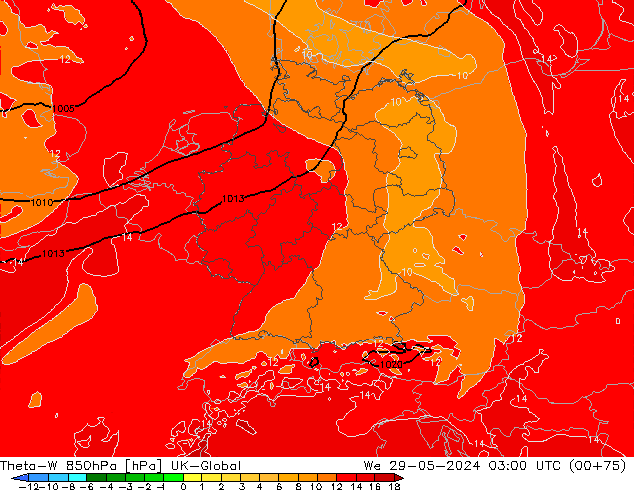 Theta-W 850hPa UK-Global  29.05.2024 03 UTC