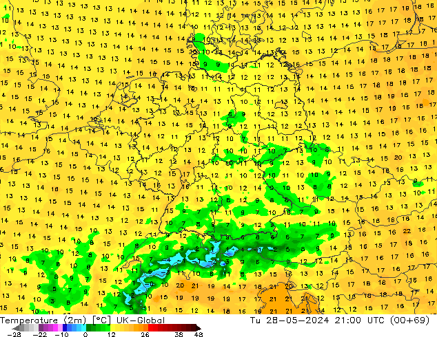 Temperature (2m) UK-Global Út 28.05.2024 21 UTC